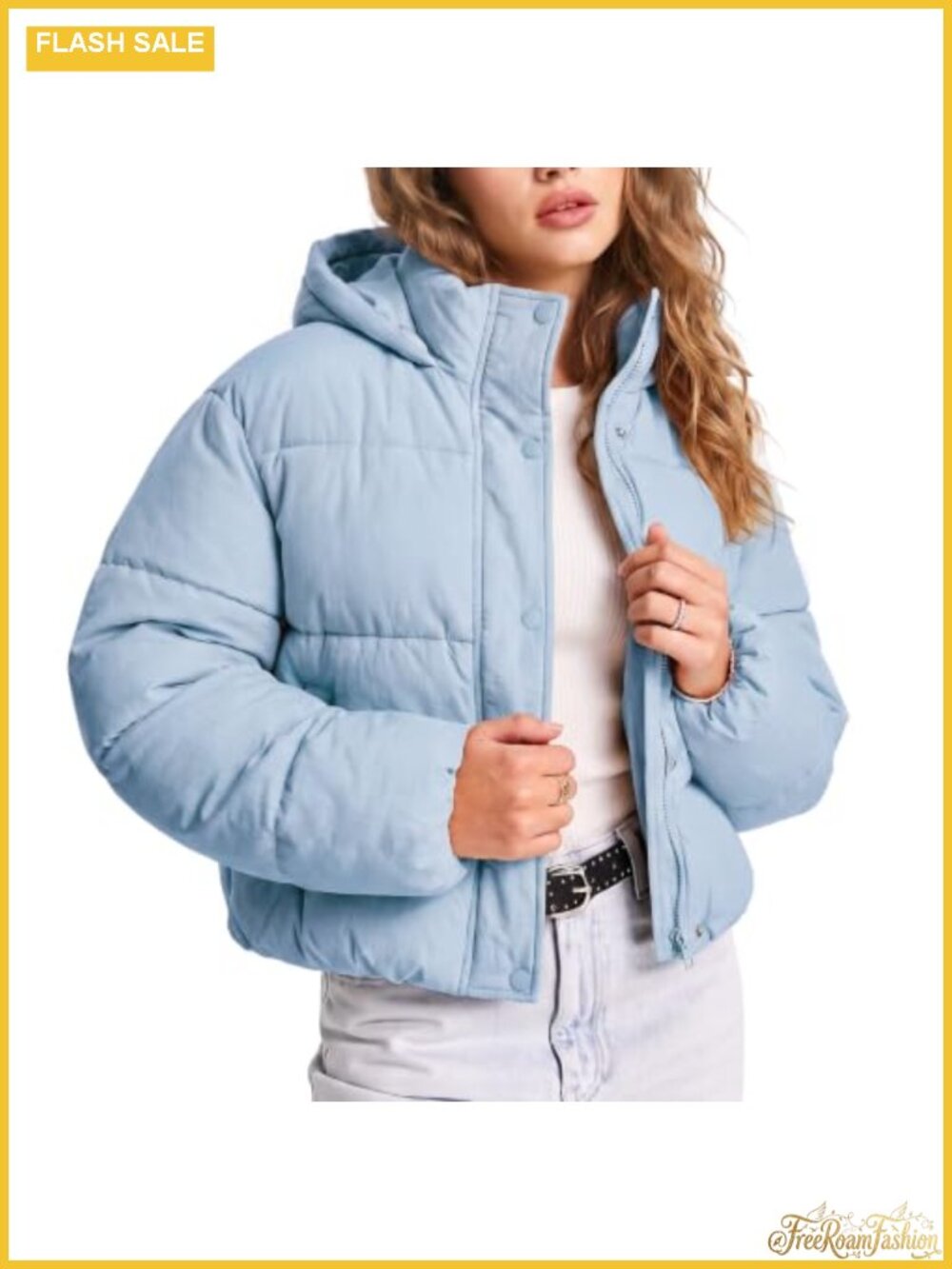 Cropped Puffer Jacket Hooded Quilted Warm Winter Zip Up Coat